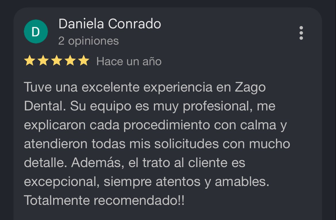 Reseña Daniela Conrado - ZAGO Dental Center Google