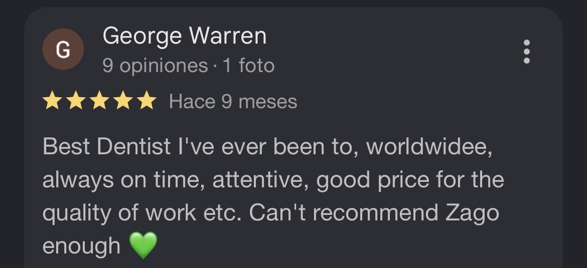 Reseña George Warren - ZAGO Dental Center Google
