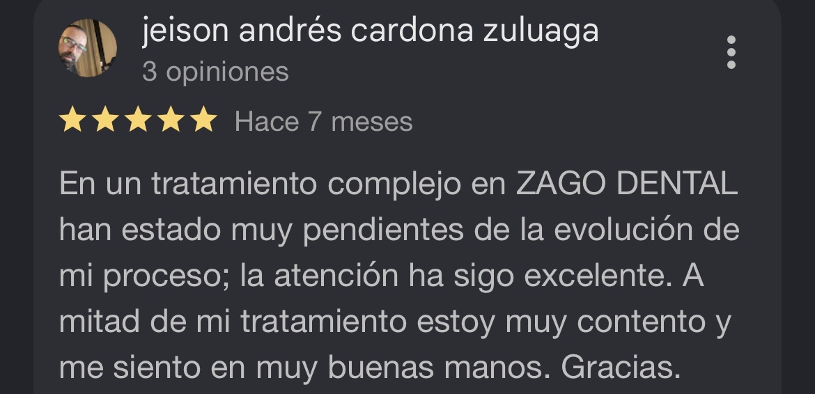 Reseña Jeison Andrés Cardona - ZAGO Dental Center Google